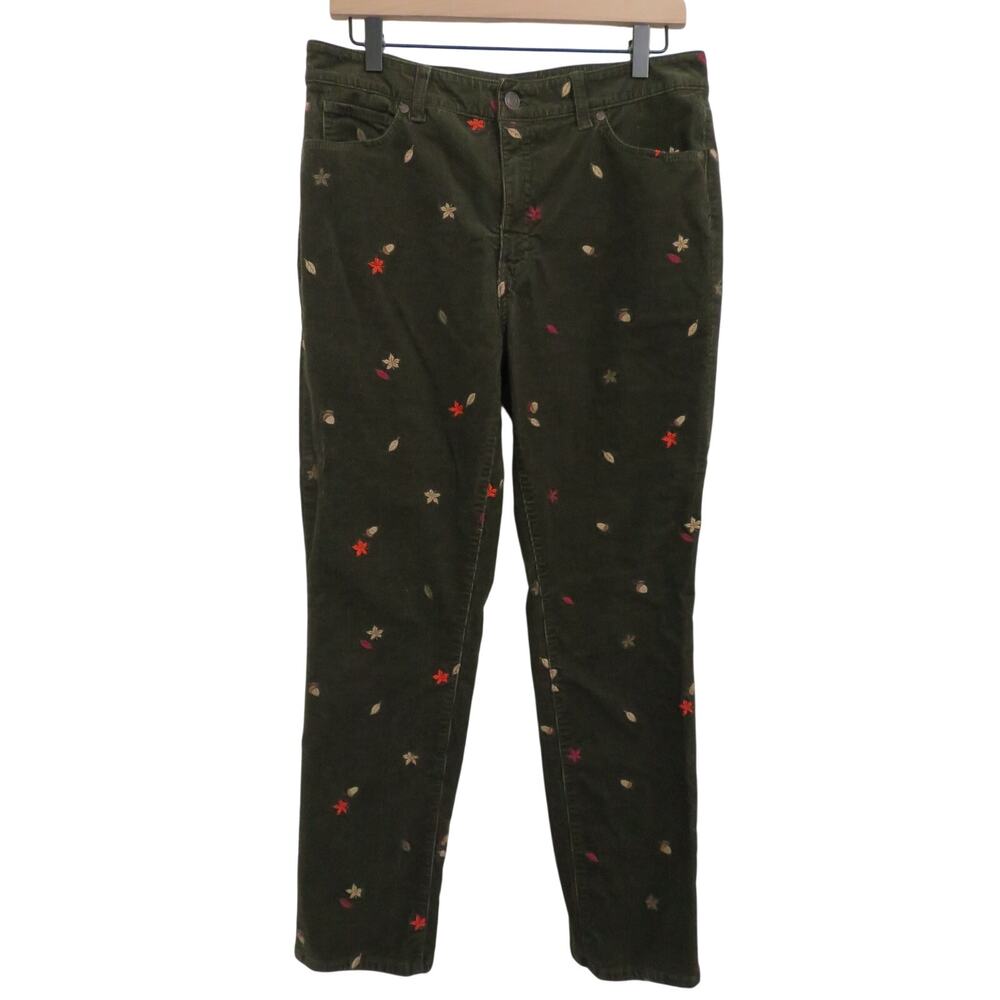 Talbots Women 8 Olive Acorn Leave Stretch Corduroy Straight Leg Pant Embroidered